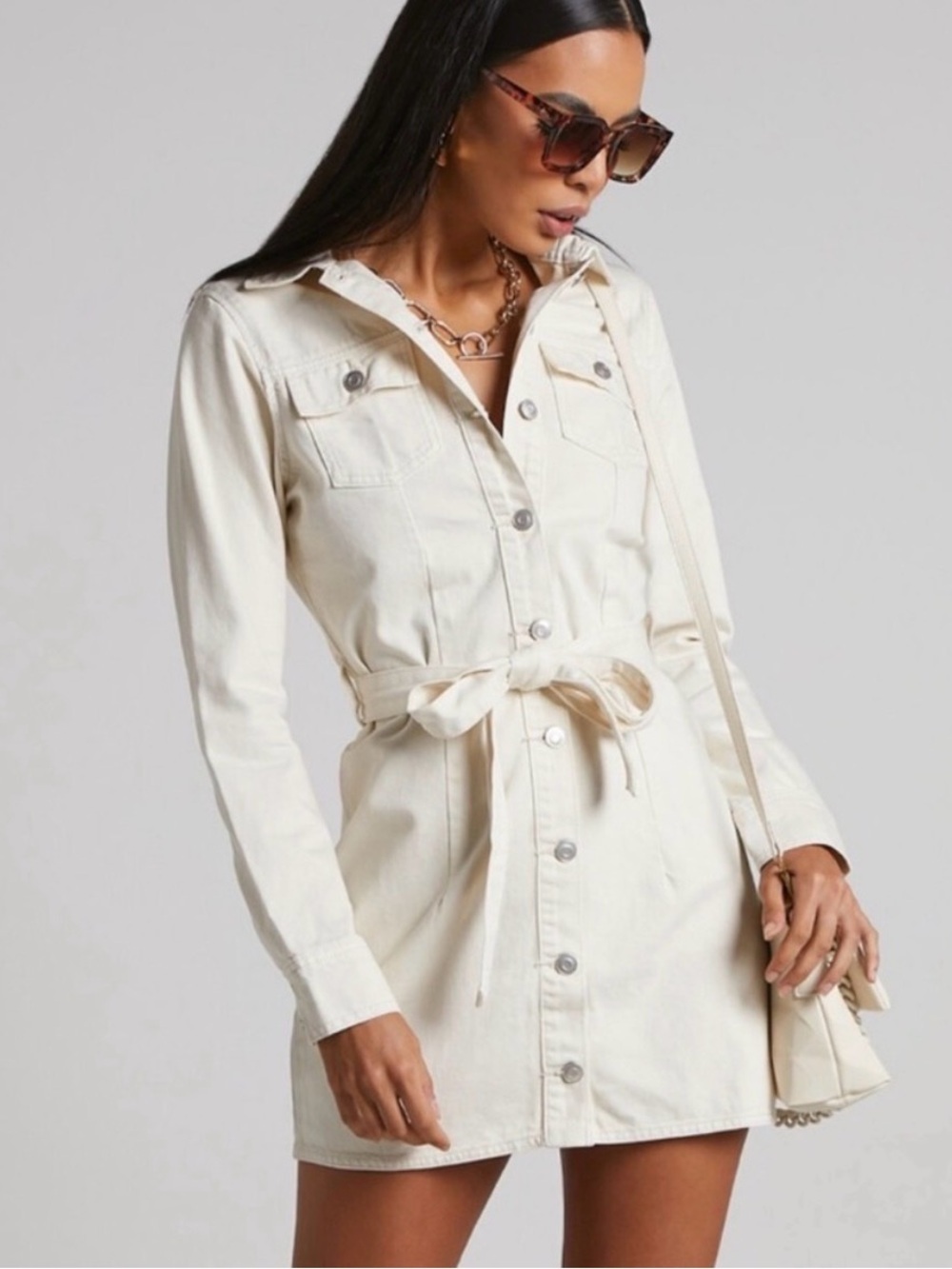 Show Po Women’s Cream Button-Front Dress with Tie Waist